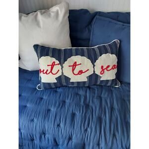 Lumbar Pillow Coastal Decor "Out to Sea" Applique on Cotton Stripe (READ notes)